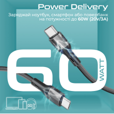Кабель Promate USB Type-C - USB Type-C (M/M), 3A, 60W, 2 м, Black (ecoline-cc200.black)