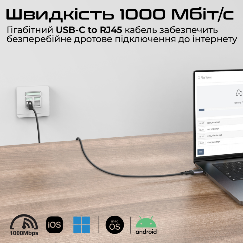 Кабель Promate Clink USB Type-C - RJ-45, 5 м, Black