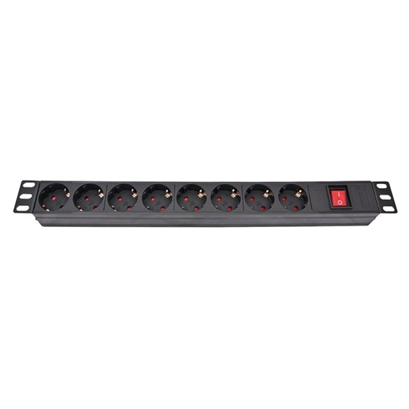 Блок розеток Atcom 1U 19“ (PDU-8W-C2С-WS) 8 розеток, з вимикачем, ал. корпус, німецький тип, 2,0 м, чорний