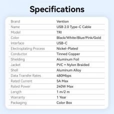 Кабель Vention USB Type-C - USB Type-C (M/M), 240W, 5A, 2 м, Gold (TRIJH)