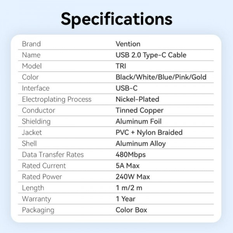 Кабель Vention USB Type-C - USB Type-C (M/M), 240W, 5A, 2 м, Gold (TRIJH)