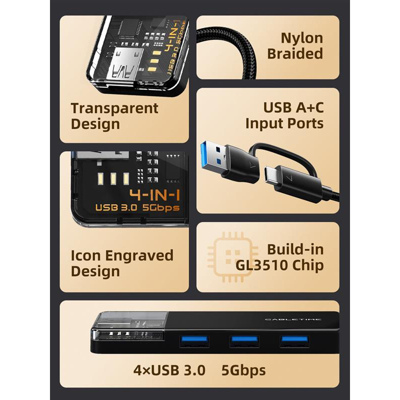 USB-хаб Cabletime CB03B USB Type-C 4-в-1