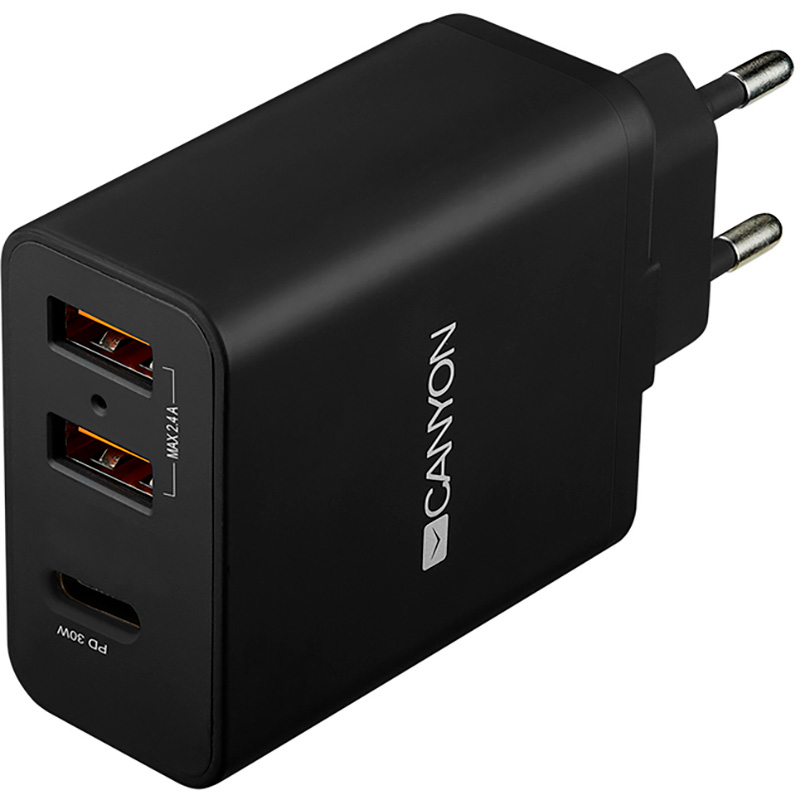 Мережевий зарядний пристрій Canyon (2USB, 2.4A) Black (CNE-CHA08B)